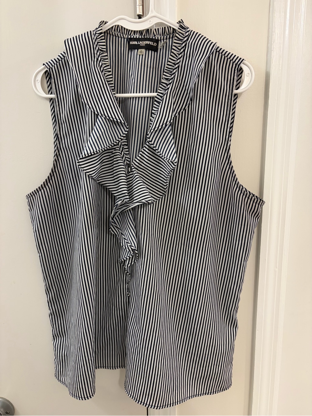 Karl Lagerfeld Black And White Striped Ruffle Collar Sleeveless Top - Size Xl